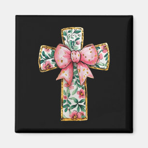 Aimant Christian Cross Floral Coquette Bow Pink Religieux
