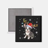Aimant Christmas Light Reindeer Santa Hat Boston Terrier  (Recto/Verso)