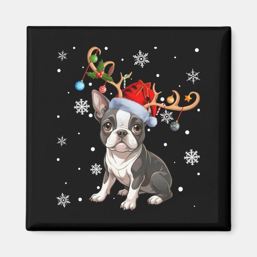 Aimant Christmas Light Reindeer Santa Hat Boston Terrier  (Devant)