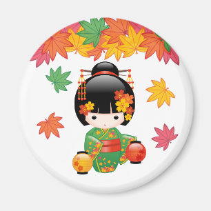 Aimant Chute Kokeshi Doll - Green Kimono Geisha Girl