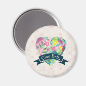 Aimant Ciao Bella Cute Coeur Floral sur Cercles roses (Recto/Verso)