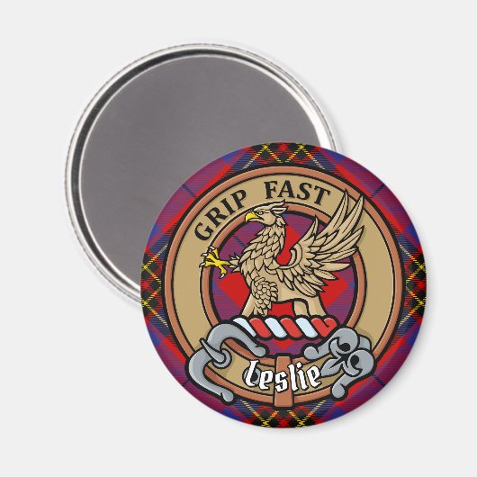 Aimant Clan Leslie Crest sur Red Tartan (Recto/Verso)