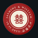 Aimant Classic Cercle Double Bonheur Mariage chinois<br><div class="desc">Simple minimaliste et classique double doublée rouge/ivoire crème beige blanc rond/cercle double bonheur sur un ivoire crème beige blanc/rouge arrière - plan avec des souhaits chinois auspicieux, mariage chinois favoriser aimant cadeau. Ce design est doté d'un symbole de bonheur double minimaliste moderne dans l'écriture minimaliste chinoise dans un cadre en...</div>