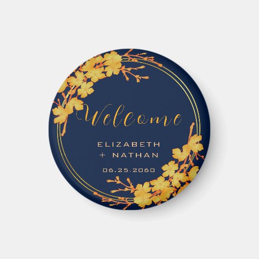 Aimant Classy Gold Floral Navy Blue Mariage bienvenue (Devant)