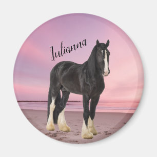 Aimant Clydesdale noir et blanc sur la plage au coucher d