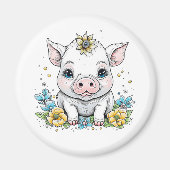 Aimant Cochon de dessin mignon en fleurs (Devant)