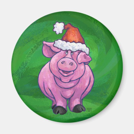 Aimant Cochon de Fête à Santa Hat sur Vert (Devant)