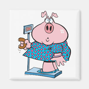 Aimant cochon drôle au régime mangeant un beignet sur une