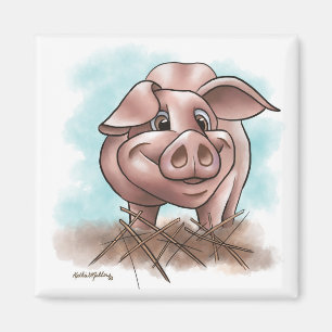 Aimant Cochon Rose dans la Paille Dessin Animé
