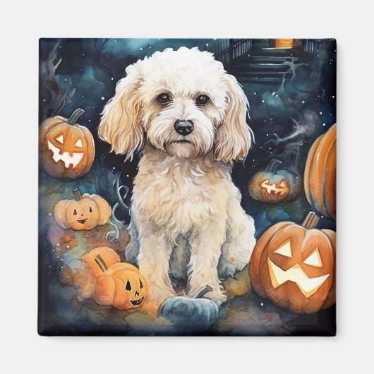 Aimant Cockapoo d'Halloween avec citrouilles effrayant  (Devant)