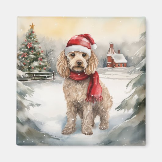 Aimant Cockapoo Dog in Snow Christmas (Devant)