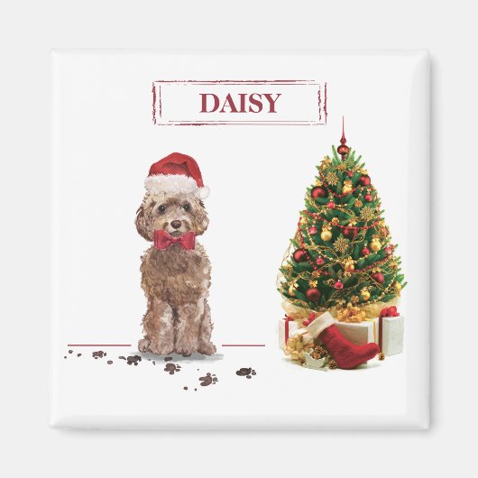 Aimant Cockapoo Marron Noël Drôle Chien et Arbre (Devant)