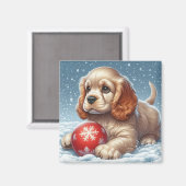 Aimant Cocker Spaniel Chiot posé sur la neige avec une ba (Recto/Verso)