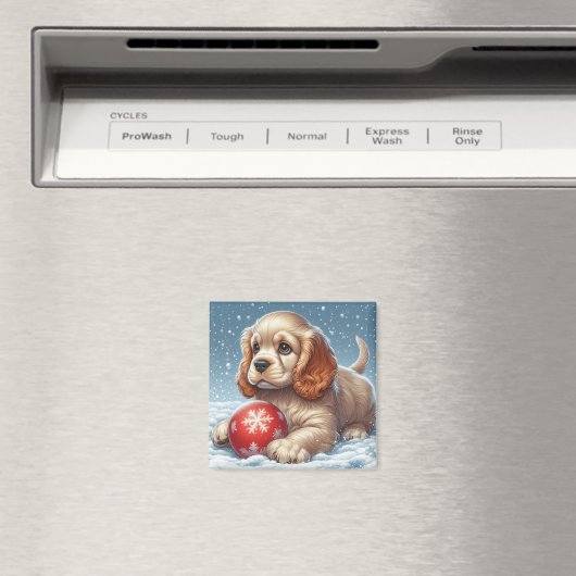 Aimant Cocker Spaniel Chiot posé sur la neige avec une ba (In Situ (Lave-vaisselle))
