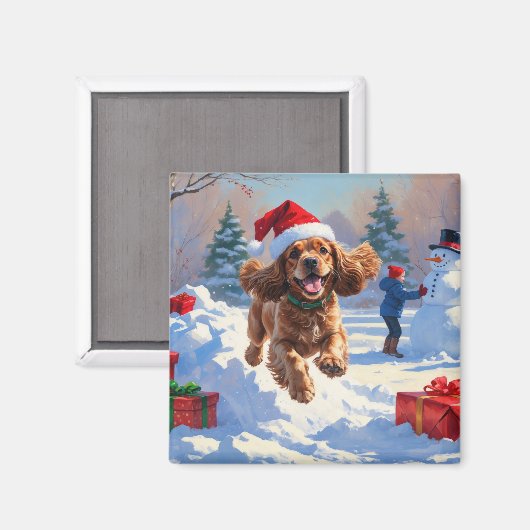 Aimant Cocker Spaniel courant dans la neige avec un chape (Recto/Verso)