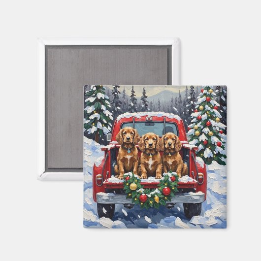 Aimant Cocker Spaniel Noël Camion Rouge Fêtes (Recto/Verso)