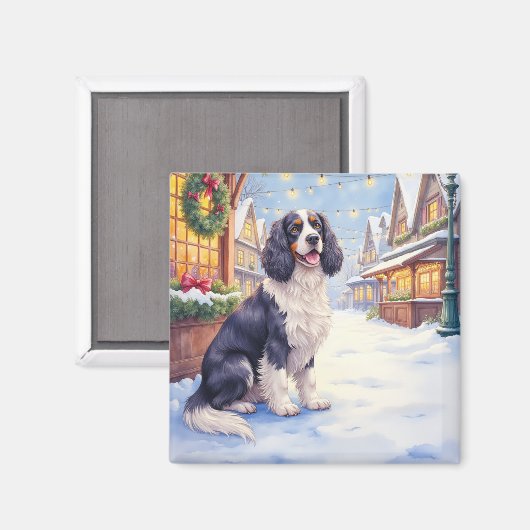 Aimant Cocker Spaniel Village enneigé Art de Noël (Recto/Verso)