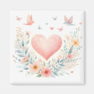 Aimant Cœur d'aquarelle douce Fleurs d'amour Oiseaux