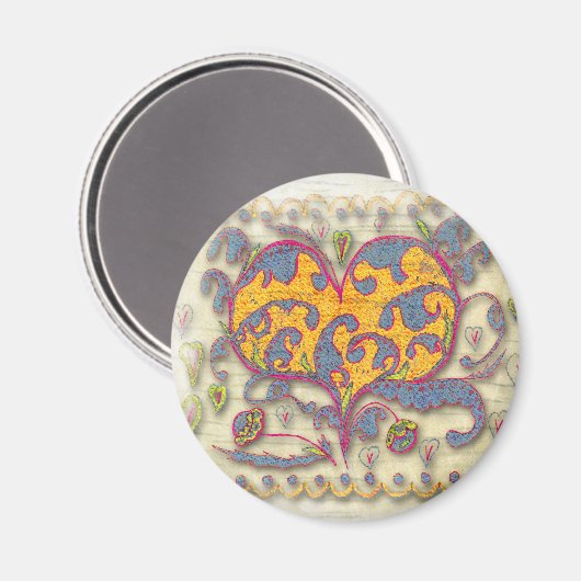 Aimant Coeur d'art populaire avec feuilles et fleurs (Recto/Verso)