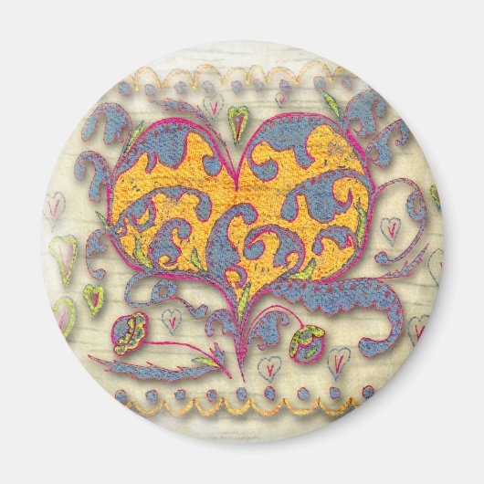 Aimant Coeur d'art populaire avec feuilles et fleurs (Devant)