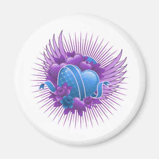 Aimant Coeurs bleus Roses et ailes (Devant)