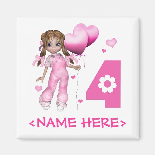 Aimant Coeurs de filles 4e anniversaire (Devant)