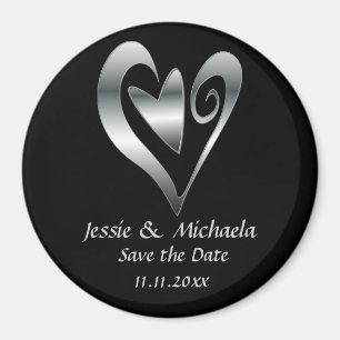 Aimant Coeurs Mariages en argent sur Black Save the Date