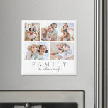 Aimant Collage de photos de famille personnalisées élégan<br><div class="desc">Magnet Carré personnalisé "famille". Cet aimant carré simple et significatif est une excellente façon de célébrer vos proches. Le design dispose d'espace pour cinq photos préférées, avec "Family" affiché sous une police serif classique. En-dessous, votre nom de famille apparaît en script soft. Les deux lignes de texte peuvent être changées...</div>