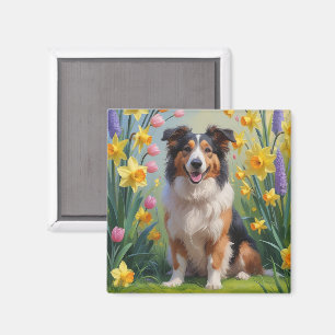 Aimant Collie à poil long Chien Fleurs de printemps Peint