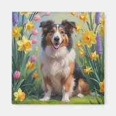 Aimant Collie à poil long Chien Fleurs de printemps Peint (Devant)