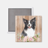 Aimant Collie de Border aquarelle & Fleurs (Recto/Verso)