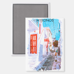 Aimant Coloré Mykonos Grèce Rétro Voyage Aquarelle