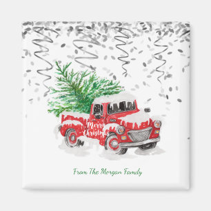 Aimant Confettis argentés, sapin de Noël camion rouge enn