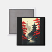 Aimant Cool Japanese Pagoda Castle Mountain Landscape Gra (Recto/Verso)