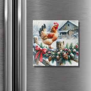 Aimant Coq à l'aquarelle sur un poteau de clôture de Noël
