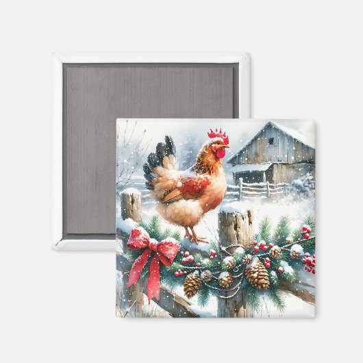 Aimant Coq aquarelle sur la clôture après Noël (Recto/Verso)