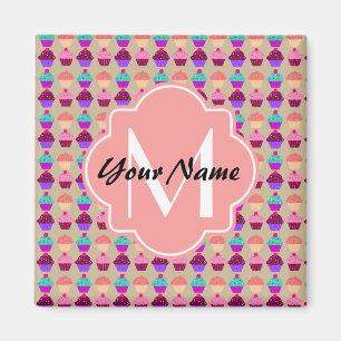 Aimant Coral Cupcake Nom personnalisé, Monogramme personn