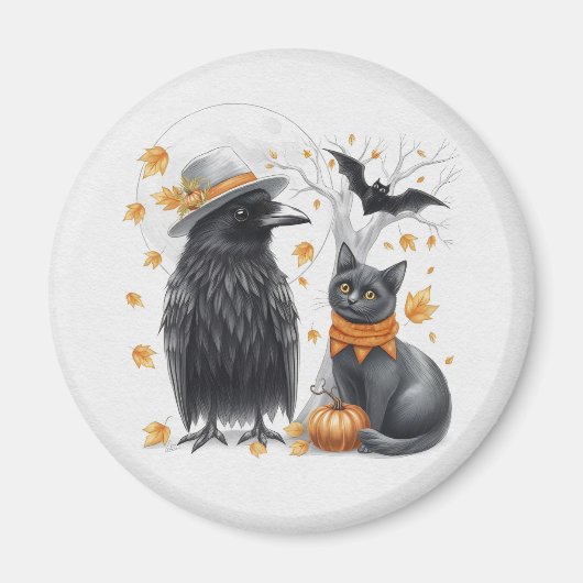 Aimant Corbeau et chat Halloween Automne Crow (Devant)