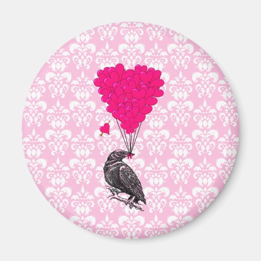 Aimant Corbeau et cœur sur damas rose (Devant)