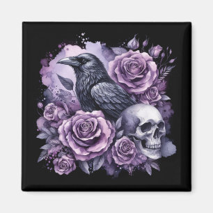 Aimant Corbeau gothique Rose pourpre crâne
