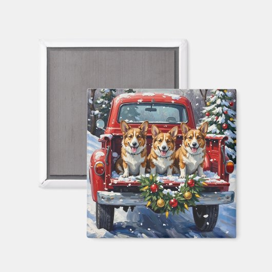 Aimant Corgi Christmas Red Truck Holiday (Recto/Verso)