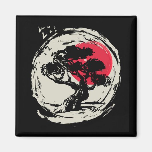 Aimant Coucher de soleil japonais Bonsai Art (Devant)