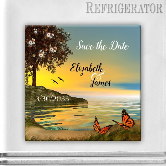 Aimant Coucher de soleil sur le lac avec des papillons Éc