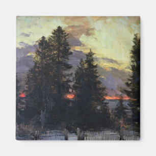 Aimant Coucher du soleil au-dessus d'un paysage d'hiver,