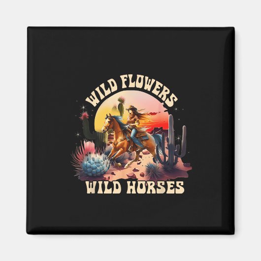 Aimant Coucher du soleil fille équitation Cheval Fleurs s (Devant)