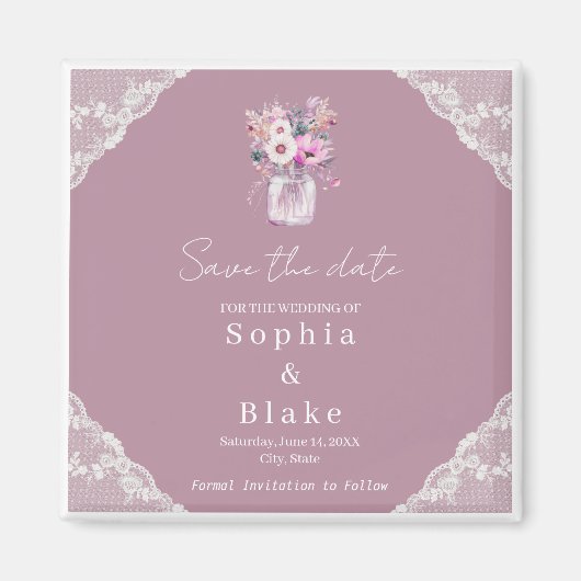 Aimant Country Lace Mason Jar Rose Enregistrer la date (Devant)