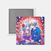 Aimant Couple Anime mignon, Fleurs et Coeurs (Recto/Verso)