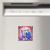 Aimant Couple Anime mignon, Fleurs et Coeurs (In Situ (Lave-vaisselle))