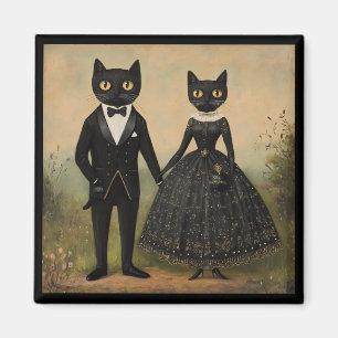 Aimant Couple de chats noirs art folklorique vintage goth