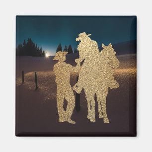 Aimant Couple Occidental Cowboy Cowgirl Avec Cheval